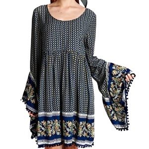 Velzera Navy and Cream Floral Bell-Sleeve Mini Dress